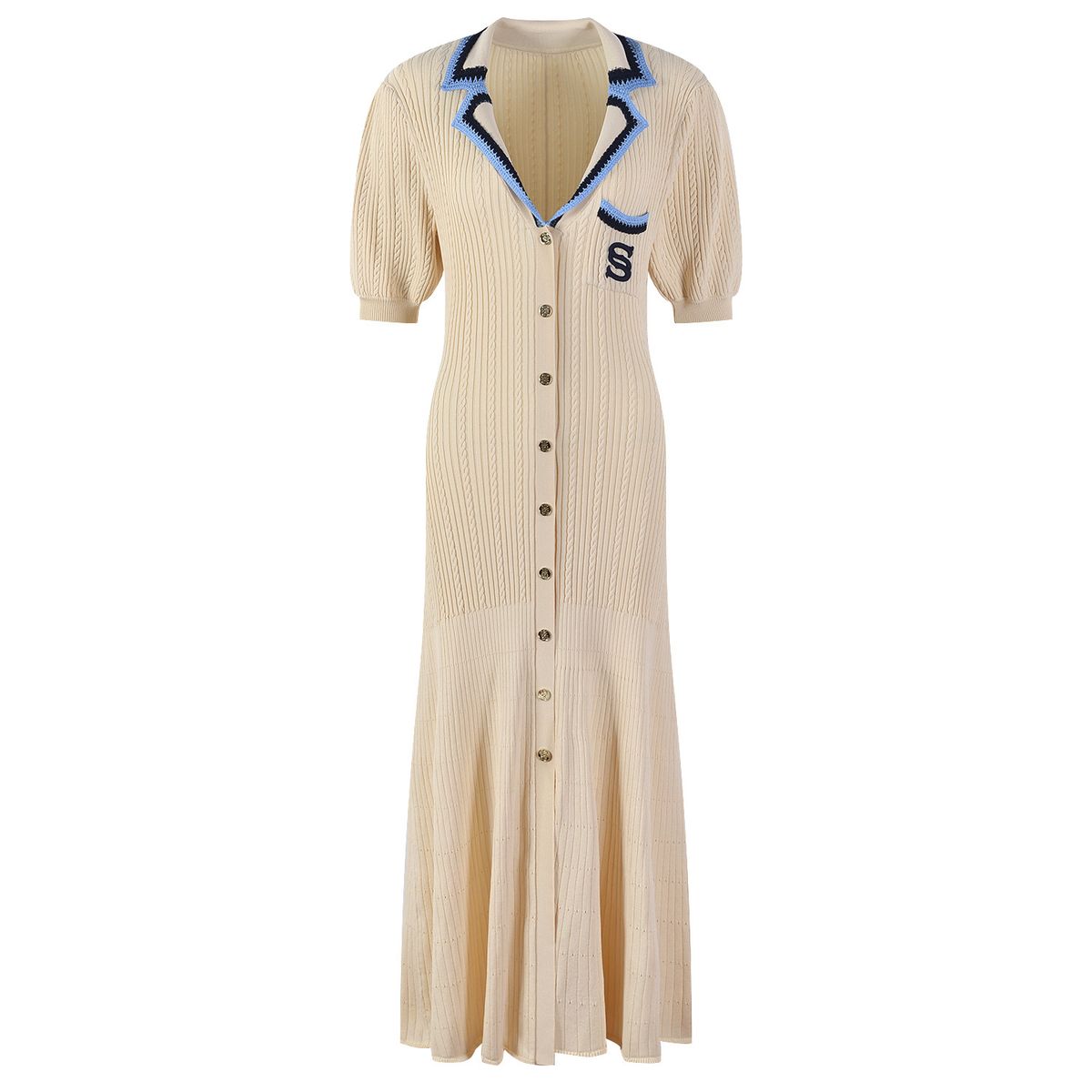 Women's Clothing New French Puff Sleeve Short Sleeve V Neck Knitted Dress_ecoleips.com
