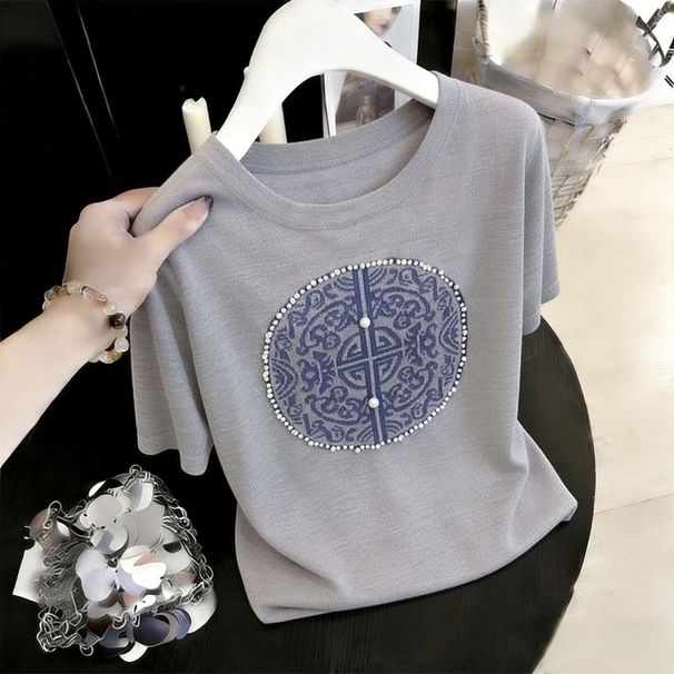 Women's Loose-Fit Floral Jacquard Short-Sleeve Top – Breathable Ice Silk Knit Tee For Summer Lightweight Ice Silk Fabric_ecoleips.com