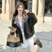 Aria Basics Short Plaid Patchwork Stylish Leather Women, 2026 Autumn New Style, Vintage Biker Jacket For Petite Women_ecoleips.com