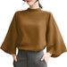 Elegant Women's 2025 Autumn Fashion Top Casual Stand Collar 3/4 Bell Sleeve Office Blouse Oversized_ecoleips.com