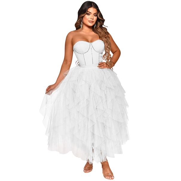 Women's Clothing Fashion Solid Color Hot Diamond Tube Top Fluffy Mesh Dress Women's Clothing_ecoleips.com