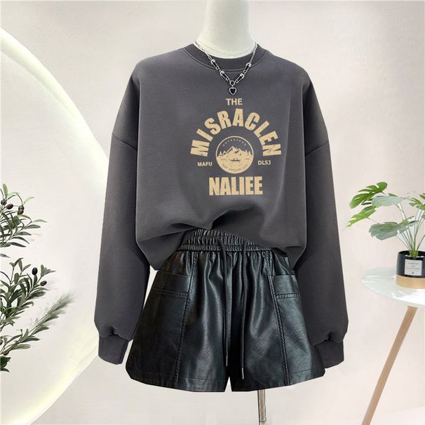 Women's European Style Fleece Lined Thick Sweatshirt round Neck Loose Oversized Heavyweight Autumn Winter Top for Campus Students_ecoleips.com