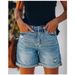 Casual Denim Shorts Women's Cross-Border New Style Independent Station Hole Ripped Five-Point Jeans Short Pants Mid Waist Straig_ecoleips.com