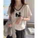 Large Size Fat Mm Contrasting Colors 2026 Summer Pure Cotton V-neck Loose Short-sleeved T-shirt Women's Retro Versatile_ecoleips.com