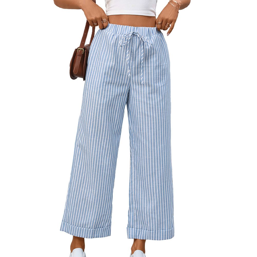 Women's High-Waisted Stripe Wide-Leg Trousers 2024 Summer Casual Ankle Pants - Comfortable Linen-Like Fabric For Daily Wear_ecoleips.com