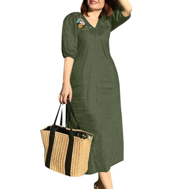 ZANZEA Women V Neck A-line Vestidos Solid Holiday Casual 2024 Summer Dresses Commute Half Sleeve Floral Embroidery Midi Dress_ecoleips.com