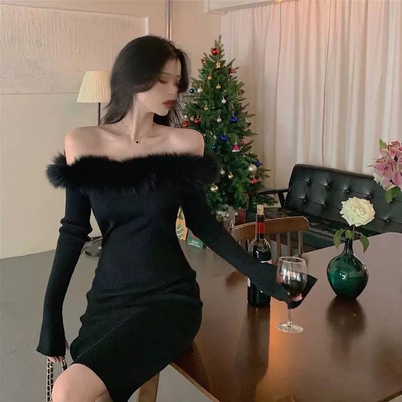Winter Dress Sexy Slim Fit Wrap Hip Knitted Dress Off Shoulder Black Evening Dress Fashion Plush Party Prom Dress Women_ecoleips.com
