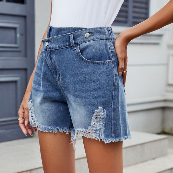 Women's Clothing Summer Washed Irregular Denim Raw Edge Shorts_ecoleips.com