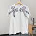 Women's 3D Floral Applique Short Sleeve T-Shirt Embroidered Flower Detail round Neck Cotton Top Fashion Summer Tee_ecoleips.com