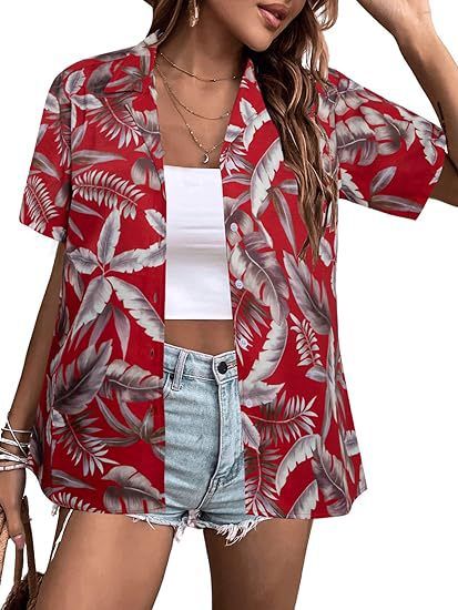 2025 Women's Summer Hawaiian Shirt Soft Cool Floral Tropical Print Button-Up V_ecoleips.com