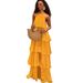 Yellow Halter Neck Backless Dress For Women With High-End Layered Ruffles American Style Long Resort Style Dress_ecoleips.com