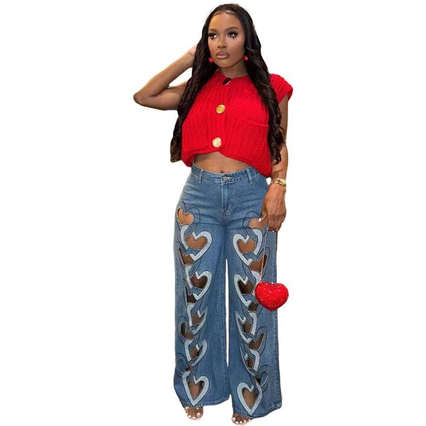 Women's Clothing Elastic Personality Jeans New Hollow Embroidery Love Straight Trousers_ecoleips.com