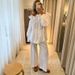 Women’s Clothing Ruffled One Shoulder Cardigan Women's White Shirt Loose Wide Leg Pants Fashion Suit Long Sleeve French Two Piece Suit_ecoleips.com
