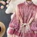 New Spring Design Niche Stand Up Collar Lantern Sleeve Printed Dress Loose Slimming Elegant Long Skirt_ecoleips.com