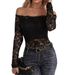 2026 Elegant Fan-shaped Collar Off-shoulder Lace Slim Fit T-shirt Long Sleeve Top_ecoleips.com