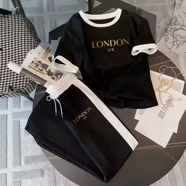 Women's Summer Urban Trendy Short Sleeve T-Shirt And Sweatpants Set Crew Neck Letter Print Comfortable Fit Fashion Outfit_ecoleips.com