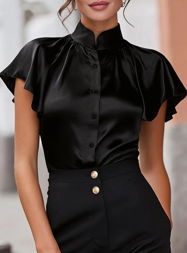 Women's Clothing Summer Elegant Simple Stand Collar Women's Top Versatile Shirt With Flutter Sleeves For Formal & Casual For Women_ecoleips.com