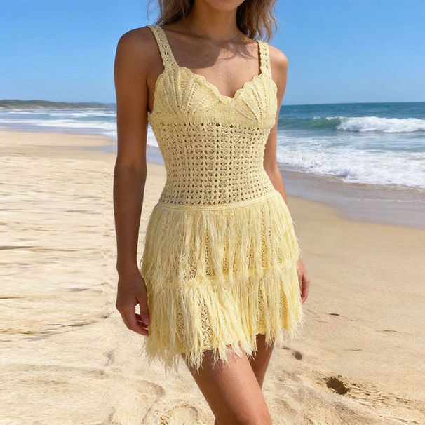 Fashion V-neck High Waist Tassel Dress Summer Hollow Out Sleeveless Knitted Cover Up Dress Vacation Solid Suspender Women Dress_ecoleips.com