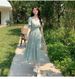 European And American Gentle Style Sweet Fairy Floral Summer Fresh V-neck High-waisted Slimmi, Women's A-line_ecoleips.com