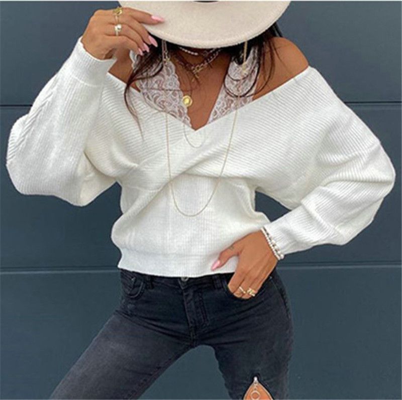 Women's Clothing Autumn Tops Sexy Solid Color Lace Sling Off Shoulder Long Sleeved Tops_ecoleips.com