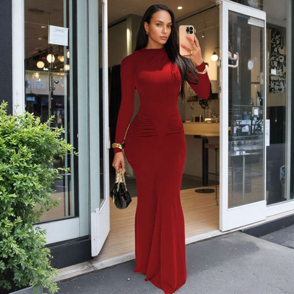 Women's Elegant Ruched Round Neck Long Sleeve Bodycon Midi Dress – Summer Party Gown 2026_ecoleips.com