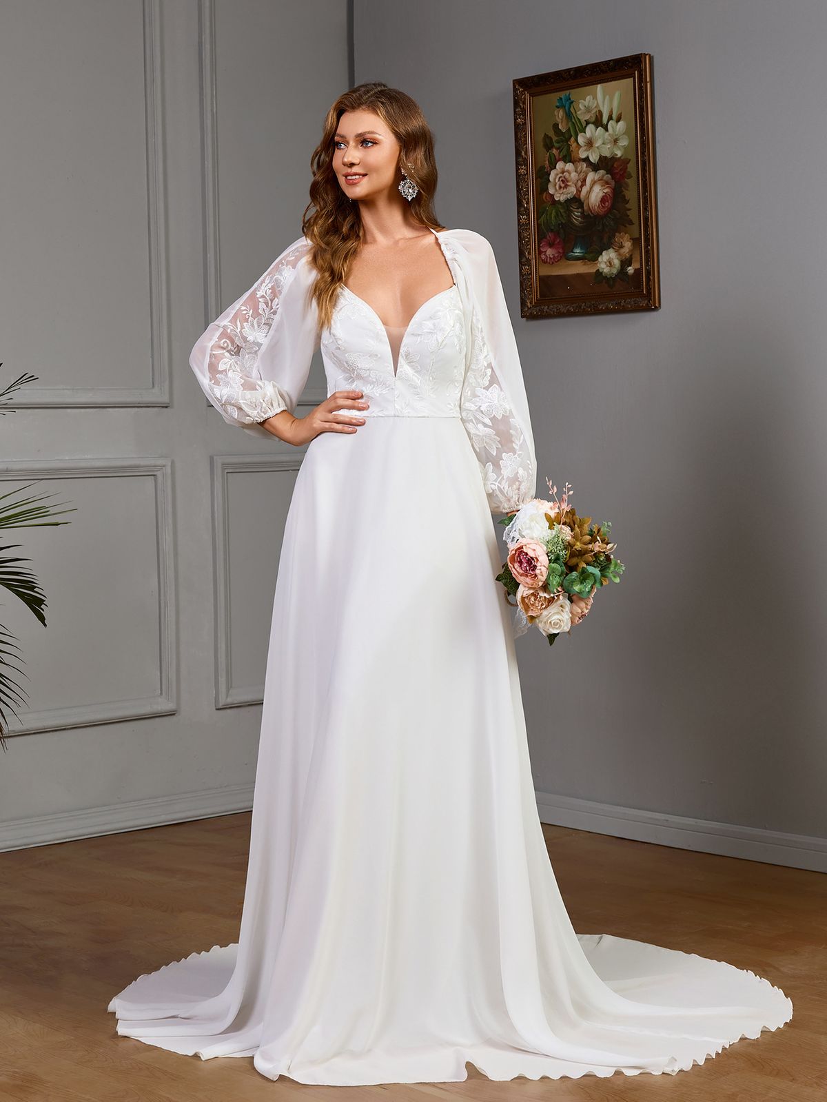 Women’s Clothing sexy long sleeved V neck wedding wedding dress lace stitching tail_ecoleips.com