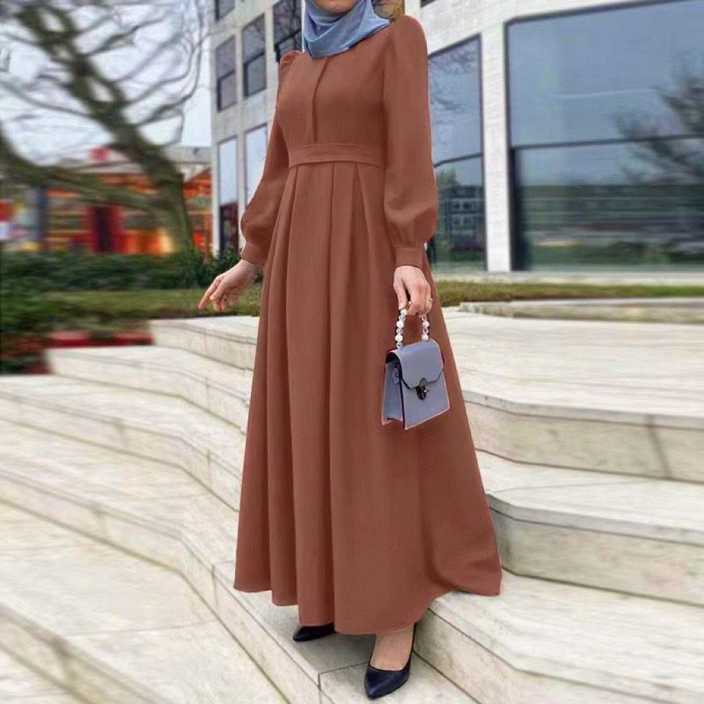 Women's Clothing Middle East Leisure Loose Solid Color Belt Zipper Muslim Long Dress Long Skirt_ecoleips.com