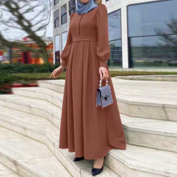 Women's Clothing Middle East Leisure Loose Solid Color Belt Zipper Muslim Long Dress Long Skirt_ecoleips.com