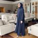 In Stock New Muslim Women's Clothing Solid Color Loose Casual Fashion Round Neck Gold Button Puff Sleeve Pocket Long Set_ecoleips.com