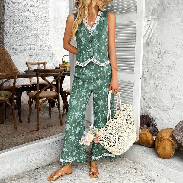 Diyun 2025 Spring Summer Bohemian European And American Style Printed Lace Cardigan Vest Long Pants Set_ecoleips.com