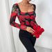 Women's French Romantic Rose Floral Mesh Print U Neck T-Shirt Autumn New Sexy Top_ecoleips.com