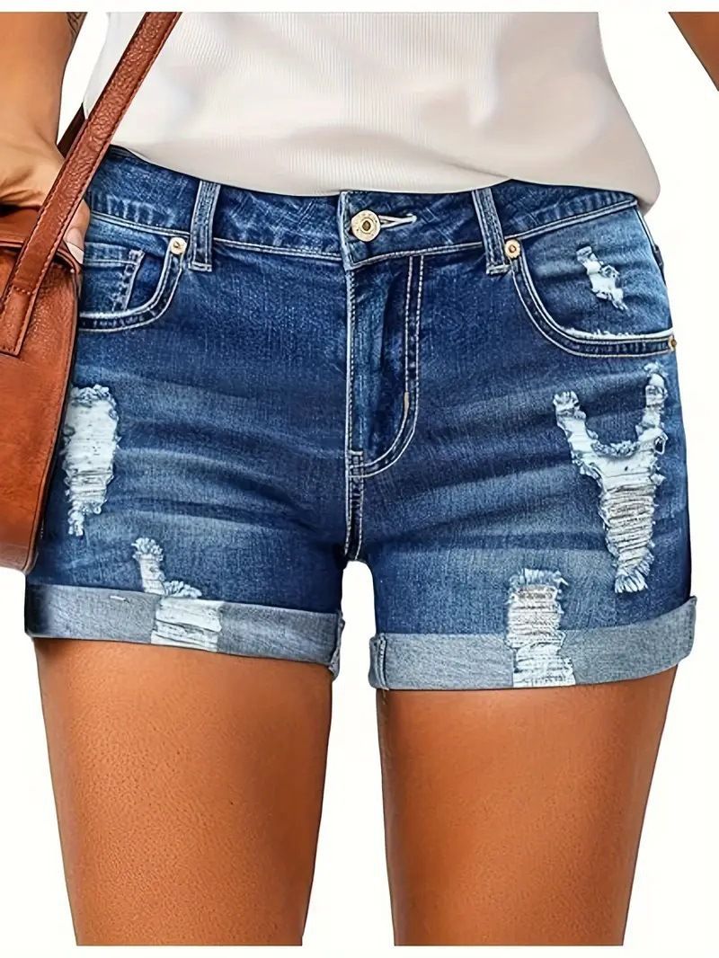 Women's High-Waisted Stretch Ripped Denim Shorts Casual Relaxed Everyday Wear Comfortable Feshion_ecoleips.com