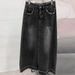 Women's High-Waisted Straight Denim Skirt with Frayed Edges Trendy Pear Shaped A-Line Bodycon Midi Skirt in Black Or Grey_ecoleips.com