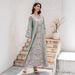 Muslim Women's Robe Printed Hot Bead V Neck Turn Up Sleeve Dress_ecoleips.com
