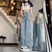 Women's High-Waisted Denim Jeans Embroidered Five-Pointed Star Appliqué Loose Wide Leg Straight Floor-Length Spring/Summer Trendy Floor Length Pants_ecoleips.com