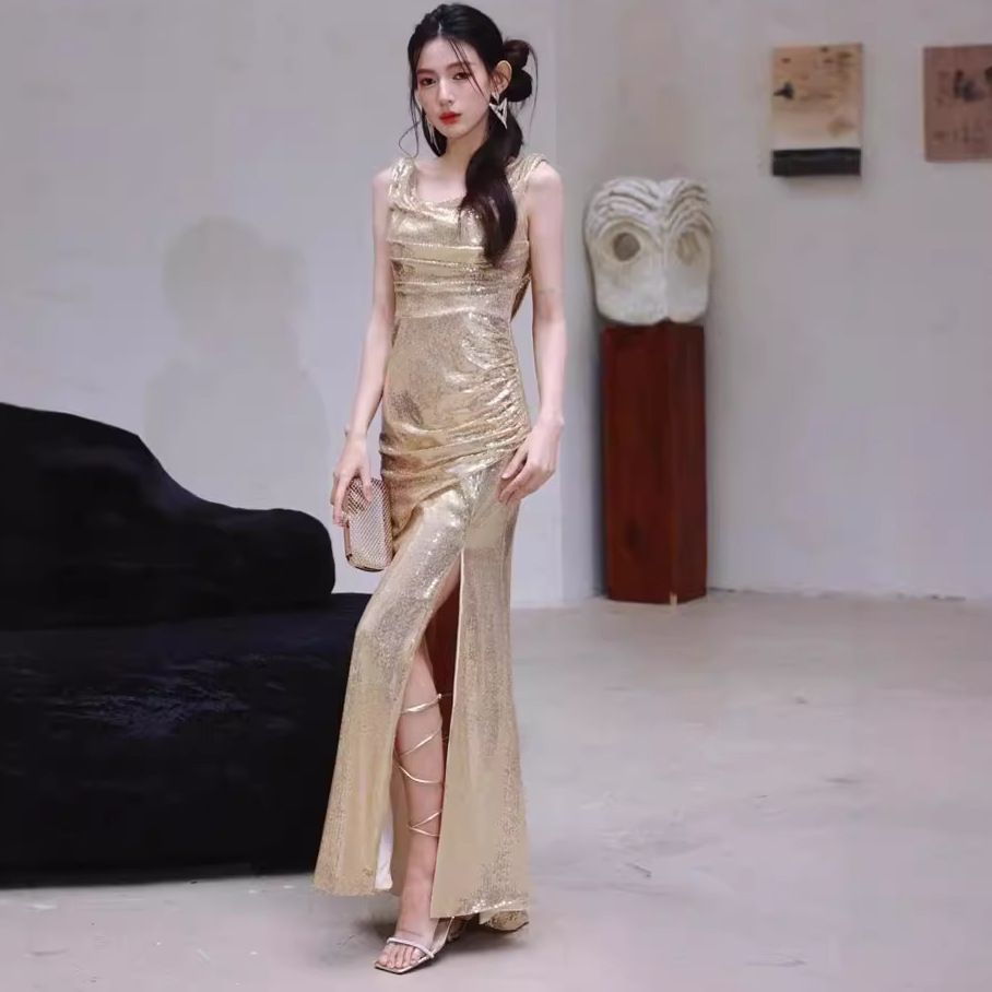 Women's Clothing Gold Evening Dress Niche Swing Collar Backless Dress Sequin Party Long Slim Slit Catwalk Dress Skirt_ecoleips.com