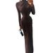 Women's Clothing Elegant Ruched Bodycon Dress – Long Sleeve, Round Neck, Fall/Winter Essential (S-L, Brown/Pink/Lavender)_ecoleips.com