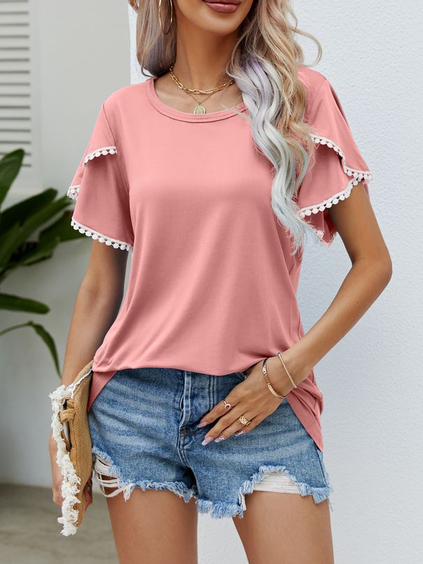 Women's Clothing Round Neck Tassel Tulip Sleeve T Shirt Casual Tops_ecoleips.com