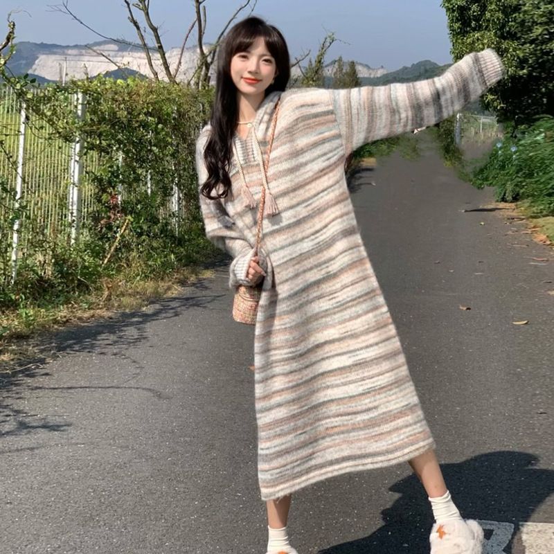Autumn New Korean Fashion Loose Striped Knitted Maternity Dress_ecoleips.com