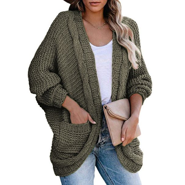 Chunky Cable Knit Cardigan - Oversized Batwing Sleeve Sweater Coat For Women, Soft Acrylic Blend Yarn, Longline V-Neck Open Front Casual Pullover_ecoleips.com