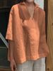 2025 Spring Summer V-neck Cotton Linen Versatile Solid Color Plus Size Loose Mid-sleeve Women's Shirt_ecoleips.com