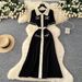 Retro Chic Fashion Polo Collar Dress For Women Short Sleeved Knitted With Metal Buckle Fitted Waist Long Skirt_ecoleips.com