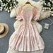 Red Floral Print Pleated Dress Korean Style Summer Puff Sleeves Square Neck High Waist A-Line Skirt for Women Romantic Fashionable_ecoleips.com