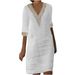 Women's Clothing Cotton And Linen Small V Neck Lace Stitching Retro Solid Color Three Quarter Sleeve Dress_ecoleips.com