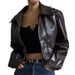 Women's Clothing Lapel Zipper PU Leather Casual Jacket Vintage PU Leather Jacket – Retro Lapel Zip-Up (S-L, Brown, Biker Chic & Casual Style)_ecoleips.com