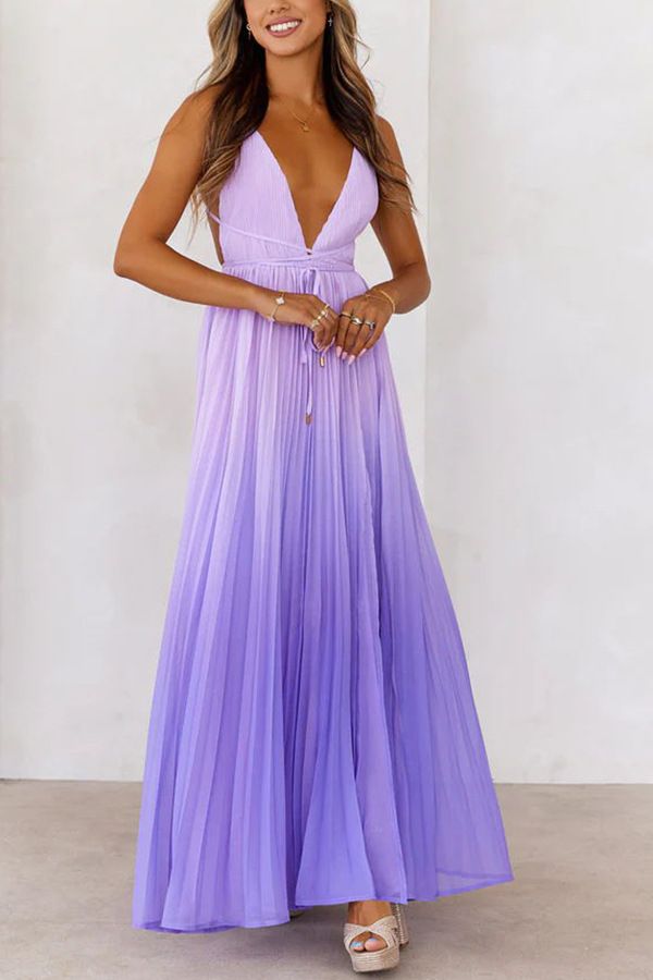 Women's Clothing New V Neck Suspenders Pleated Lace Up Large Swing Slit Holiday Style Dress_ecoleips.com