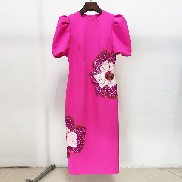 K Fashionable New Heavy Industry Nail Bead Sequin Three-dimensional Flower Short Sleeved Dress Small Formal Dress_ecoleips.com