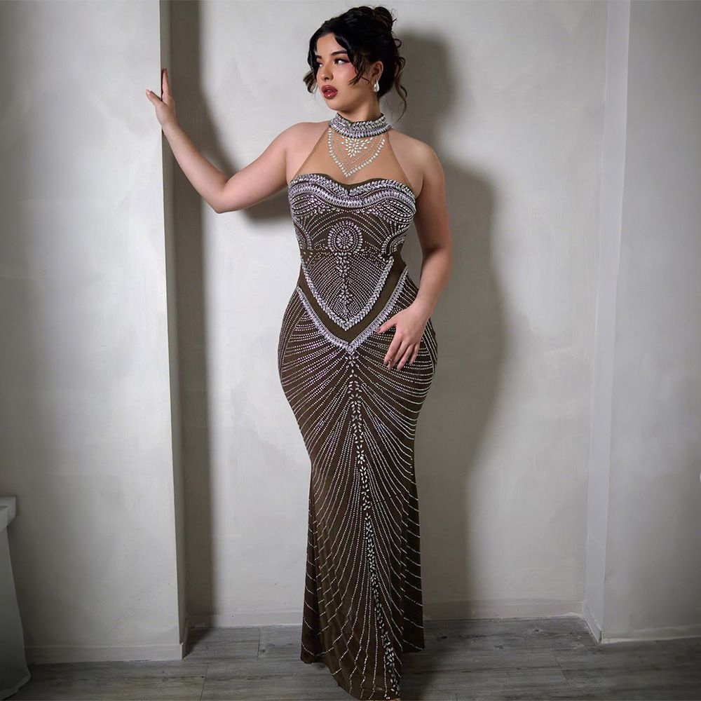 Women's Rhinestone Evening Dress - Sleeveless Bodycon Midi Dress With Glitter Mesh & Stretch Fabric_ecoleips.com
