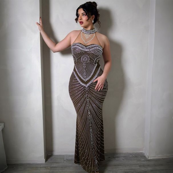Women's Rhinestone Evening Dress - Sleeveless Bodycon Midi Dress With Glitter Mesh & Stretch Fabric_ecoleips.com