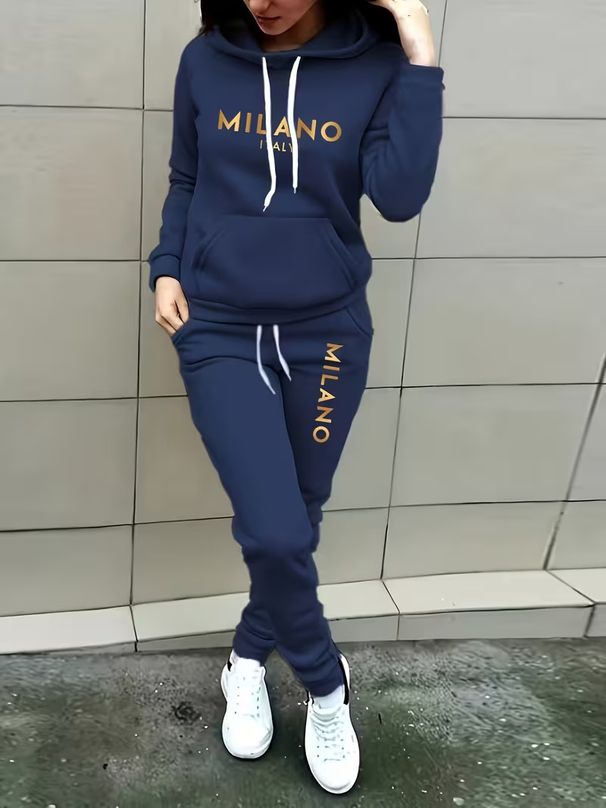 Women's Casual Hooded Letter Print Fleece Sweatshirt & Jogger Set - Loungewear, Streetwear, Winter Comfort Outfit_ecoleips.com